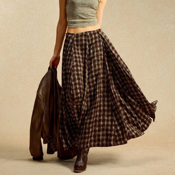 Dresses & Skirts - Mocha Brown Casual Women's Long Loose Plaid Skirt